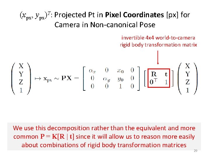 (xpx, ypx)T: Projected Pt in Pixel Coordinates [px] for Camera in Non-canonical Pose invertible