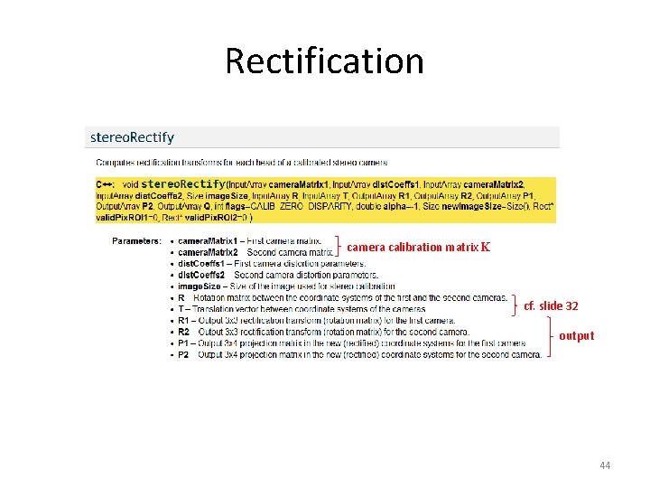 Rectification camera calibration matrix K cf. slide 32 output 44 