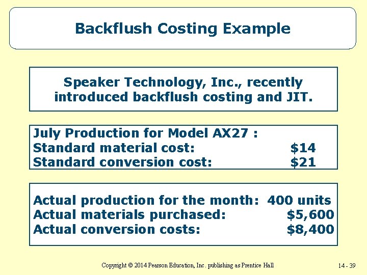 Backflush Costing Example Speaker Technology, Inc. , recently introduced backflush costing and JIT. July