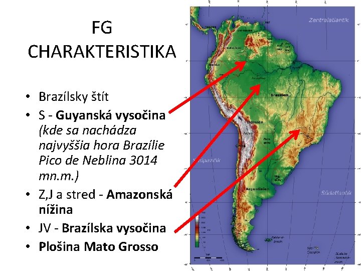 FG CHARAKTERISTIKA • Brazílsky štít • S - Guyanská vysočina (kde sa nachádza najvyššia