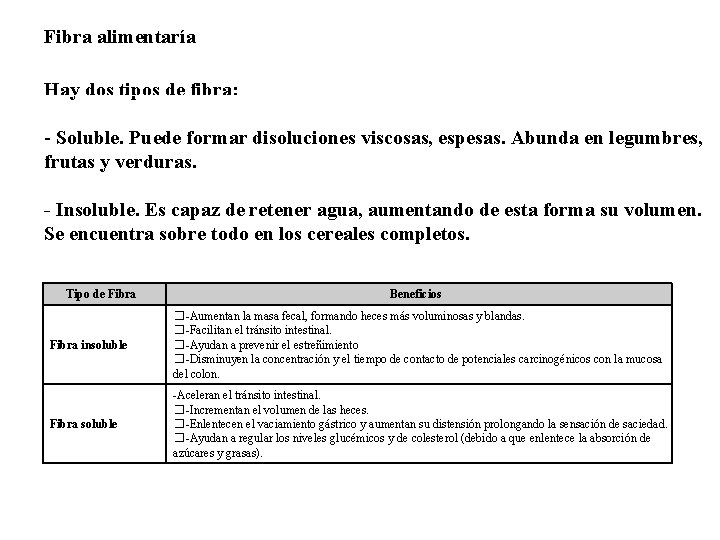 Fibra alimentaría Hay dos tipos de fibra: - Soluble. Puede formar disoluciones viscosas, espesas.