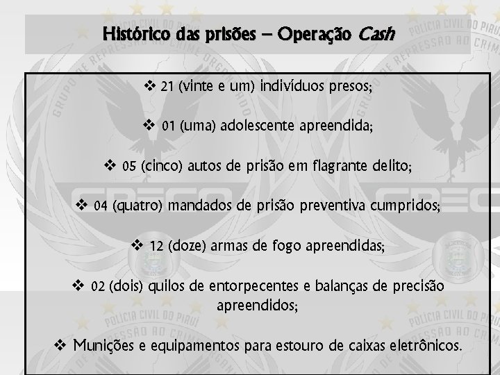 Histórico das prisões – Operação Cash 21 (vinte e um) indivíduos presos; 01 (uma)