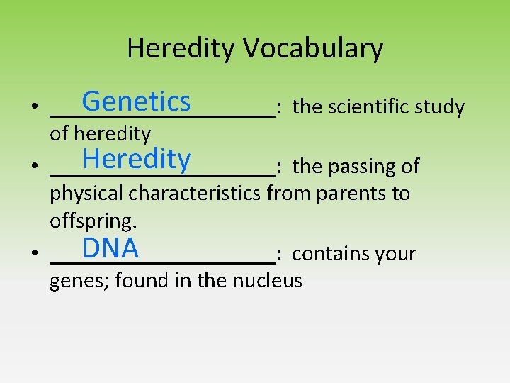 Heredity Vocabulary Genetics • __________: the scientific study of heredity Heredity • __________: the