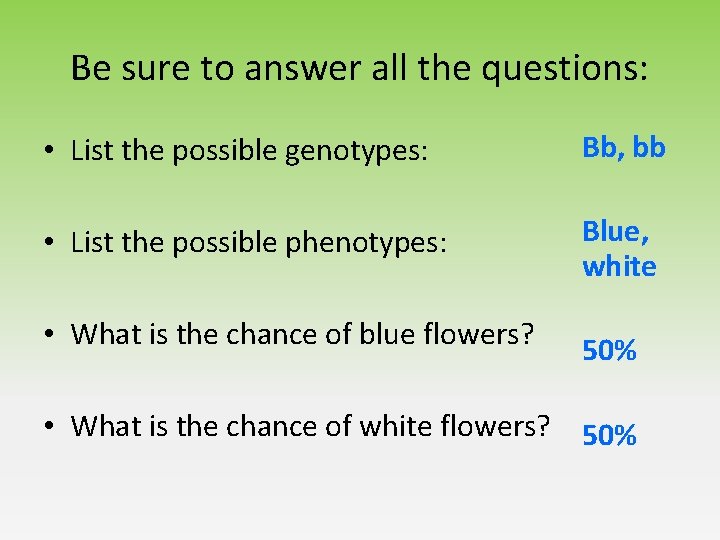 Be sure to answer all the questions: • List the possible genotypes: Bb, bb Be sure to answer all the questions: • List the possible genotypes: Bb, bb