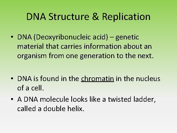 DNA Structure & Replication • DNA (Deoxyribonucleic acid) – genetic material that carries information DNA Structure & Replication • DNA (Deoxyribonucleic acid) – genetic material that carries information