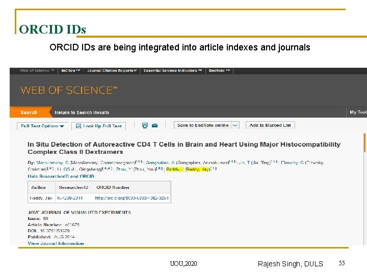 ORCID IDs are being integrated into article indexes and journals UOU, 2020 Rajesh Singh,