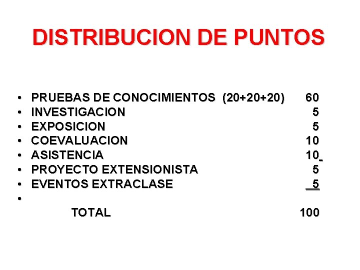 DISTRIBUCION DE PUNTOS • PRUEBAS DE CONOCIMIENTOS (20+20+20) 60 • INVESTIGACION 5 • EXPOSICION