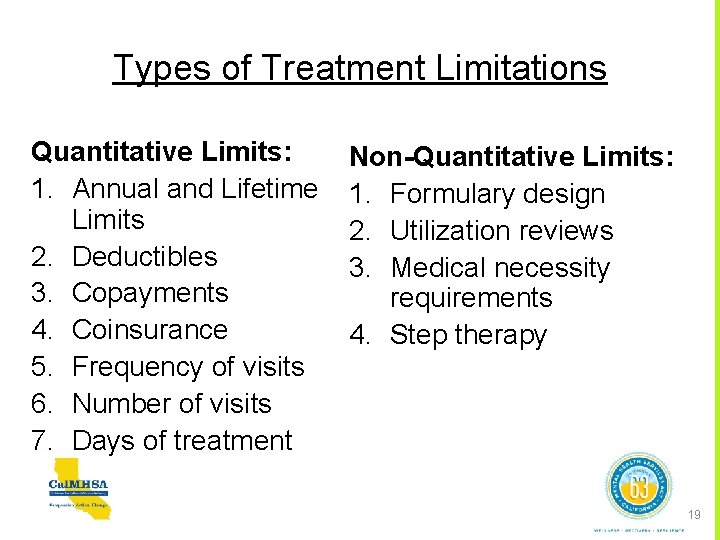 Types of Treatment Limitations Quantitative Limits: 1. Annual and Lifetime Limits 2. Deductibles 3.