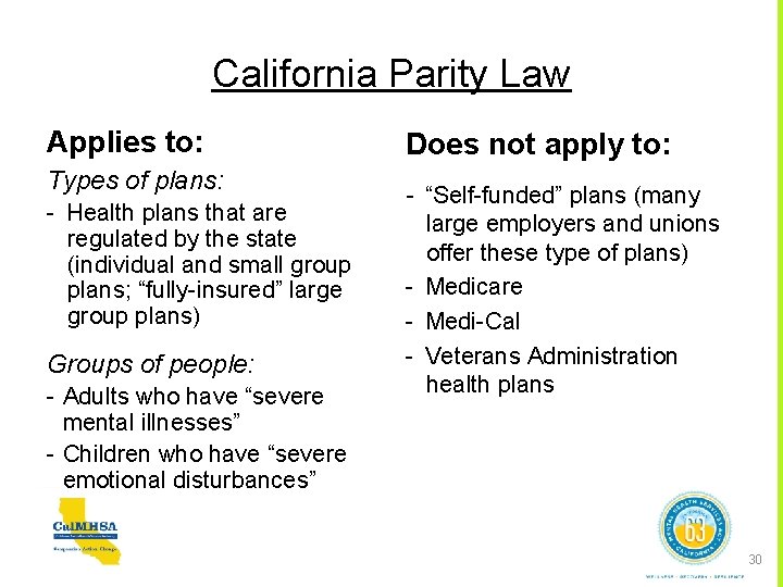 California Parity Law Applies to: Types of plans: - Health plans that are regulated