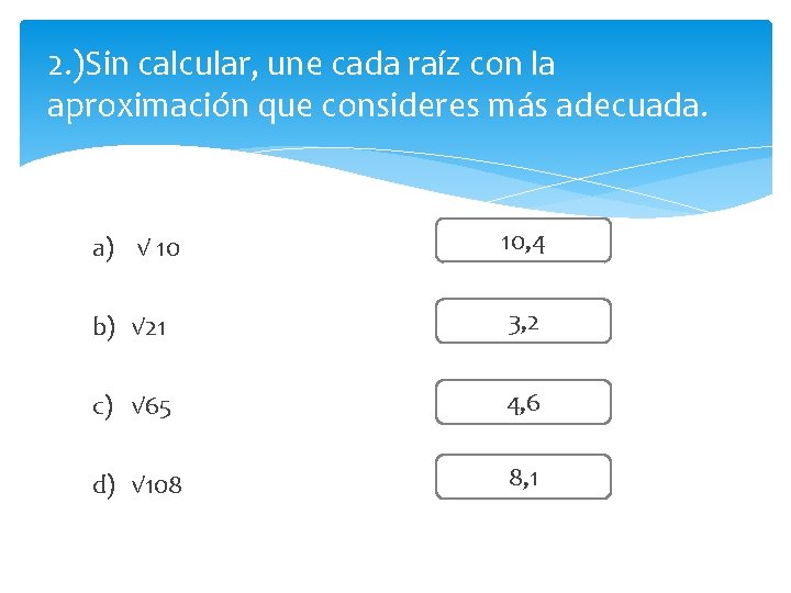 2. )Sin calcular, une cada raíz con la aproximación que consideres más adecuada. a)