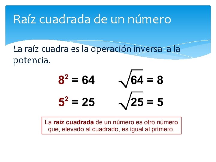 Raíz cuadrada de un número La raíz cuadra es la operación inversa a la