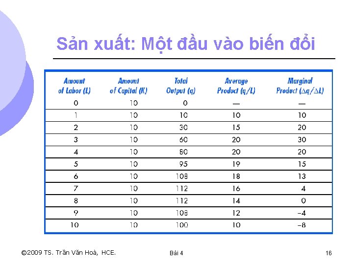 Sản xuất: Một đầu vào biến đổi © 2009 TS. Trần Văn Hoà, HCE.