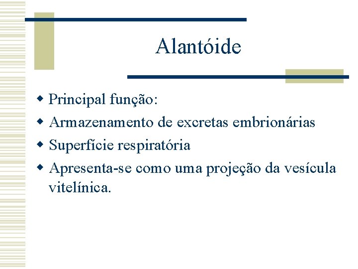 Alantóide w Principal função: w Armazenamento de excretas embrionárias w Superfície respiratória w Apresenta-se