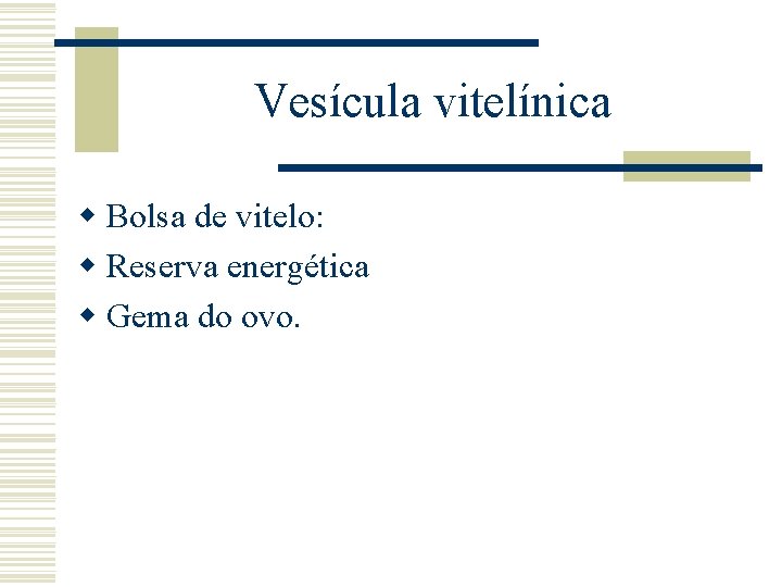 Vesícula vitelínica w Bolsa de vitelo: w Reserva energética w Gema do ovo. 