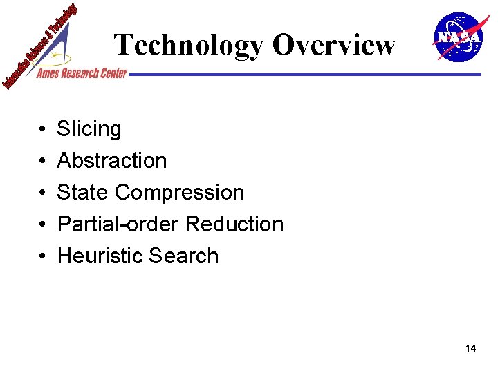 Technology Overview • • • Slicing Abstraction State Compression Partial-order Reduction Heuristic Search 14