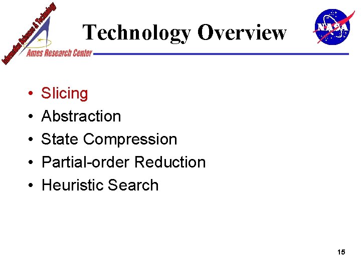 Technology Overview • • • Slicing Abstraction State Compression Partial-order Reduction Heuristic Search 15