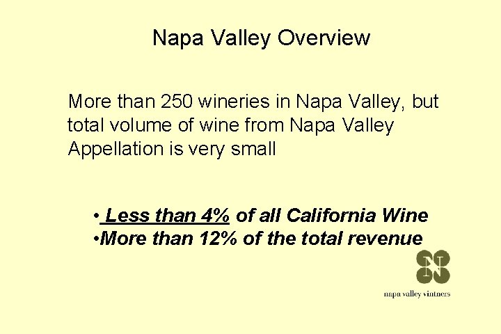 Napa Valley Overview More than 250 wineries in Napa Valley, but total volume of Napa Valley Overview More than 250 wineries in Napa Valley, but total volume of