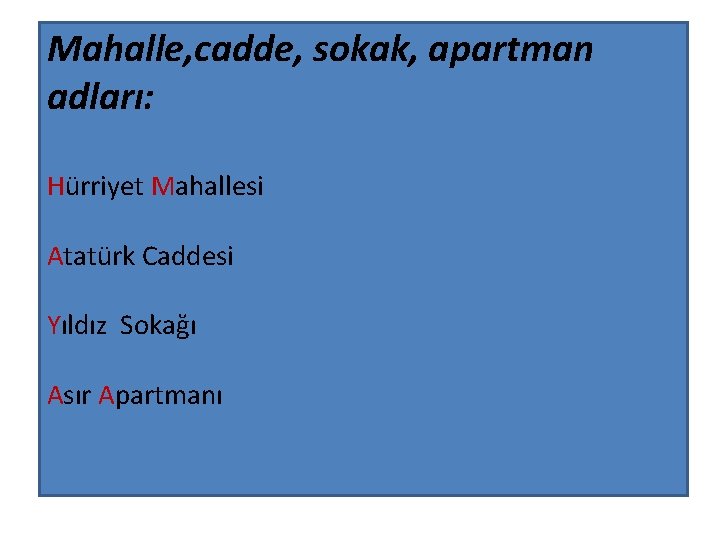 Mahalle, cadde, sokak, apartman adları: Hürriyet Mahallesi Atatürk Caddesi Yıldız Sokağı Asır Apartmanı 