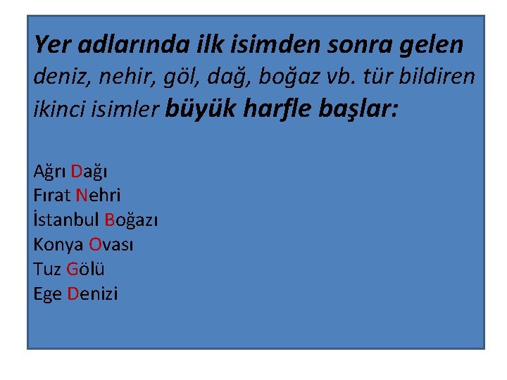 Yer adlarında ilk isimden sonra gelen deniz, nehir, göl, dağ, boğaz vb. tür bildiren