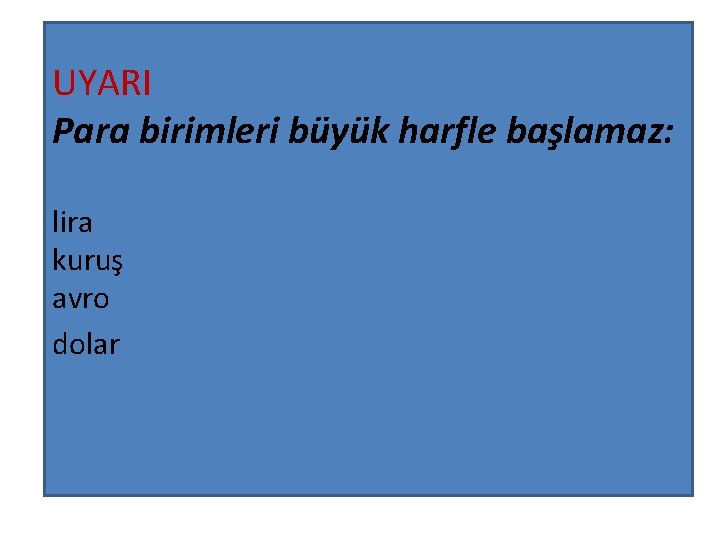 UYARI Para birimleri büyük harfle başlamaz: lira kuruş avro dolar 