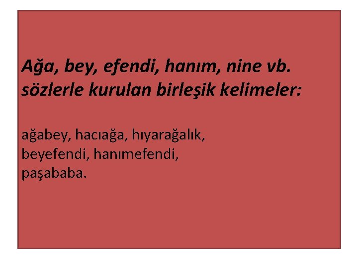 Ağa, bey, efendi, hanım, nine vb. sözlerle kurulan birleşik kelimeler: ağabey, hacıağa, hıyarağalık, beyefendi,