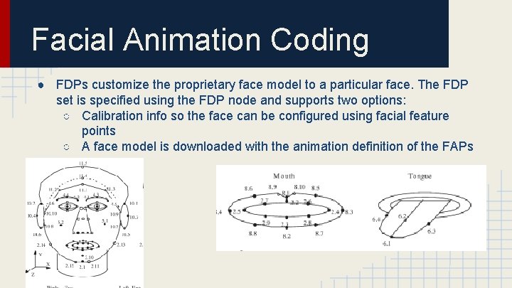 Facial Animation Coding ● FDPs customize the proprietary face model to a particular face.
