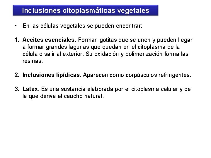 Inclusiones citoplasmáticas vegetales • En las células vegetales se pueden encontrar: 1. Aceites esenciales.