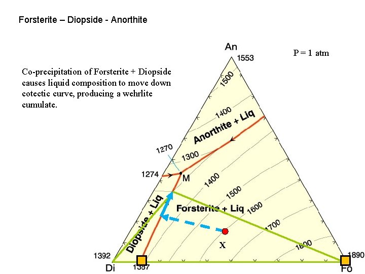 Forsterite – Diopside - Anorthite P = 1 atm Co-precipitation of Forsterite + Diopside