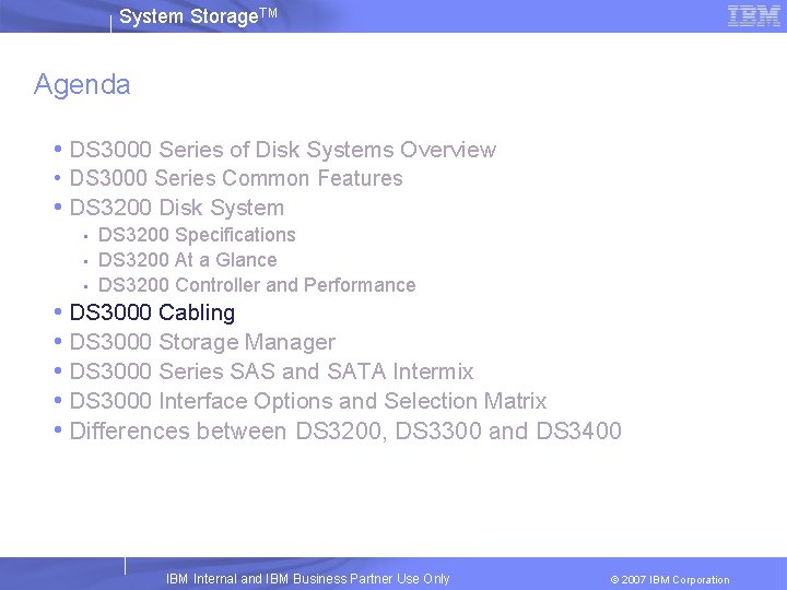 System Storage. TM Agenda • DS 3000 Series of Disk Systems Overview • DS