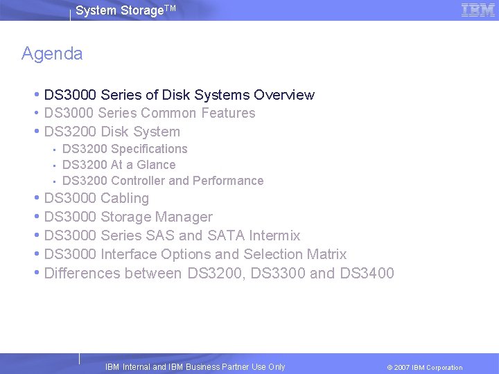 System Storage. TM Agenda • DS 3000 Series of Disk Systems Overview • DS