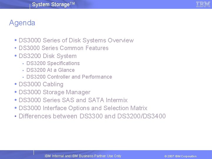 System Storage. TM Agenda • DS 3000 Series of Disk Systems Overview • DS