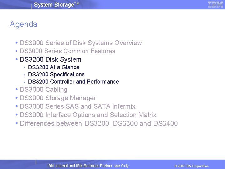 System Storage. TM Agenda • DS 3000 Series of Disk Systems Overview • DS