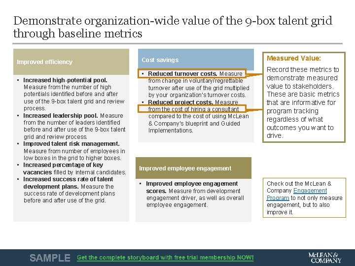 Demonstrate organization-wide value of the 9 -box talent grid through baseline metrics Improved efficiency