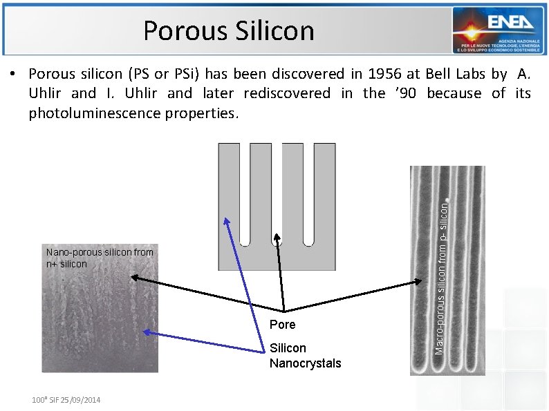 Porous Silicon Nano-porous silicon from n+ silicon Pore Silicon Nanocrystals 100° SIF 25/09/2014 Macro-porous