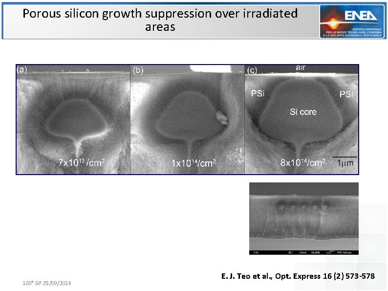 Porous silicon growth suppression over irradiated areas 100° SIF 25/09/2014 E. J. Teo et