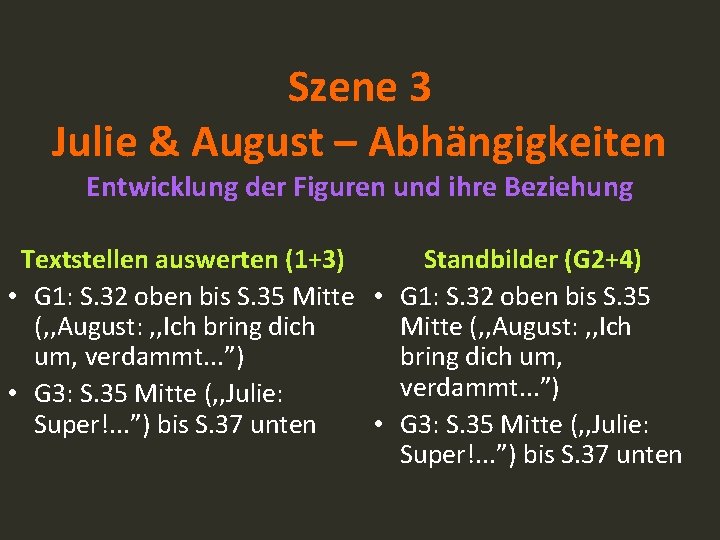 Szene 3 Julie & August – Abhängigkeiten Entwicklung der Figuren und ihre Beziehung Textstellen