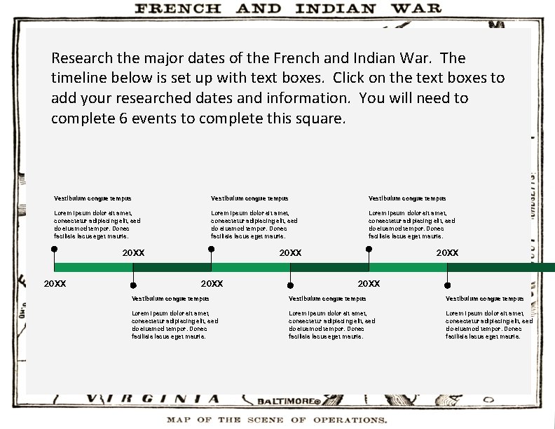 Research the major dates of the French and Indian War. The timeline below is