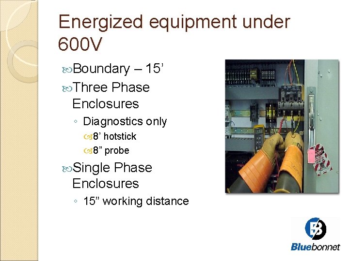 Energized equipment under 600 V Boundary – 15’ Three Phase Enclosures ◦ Diagnostics only