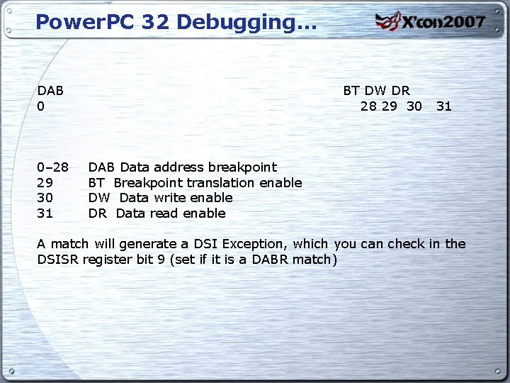 Power. PC 32 Debugging. . . DAB 0 0– 28 29 30 31 BT