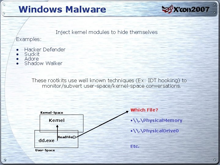 Windows Malware Inject kernel modules to hide themselves Examples: • • Hacker Defender Suckit