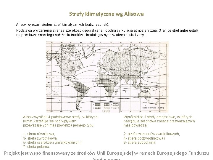Strefy klimatyczne wg Alisowa Alisow wyróżnił siedem stref klimatycznych (patrz rysunek). Podstawą wyróżnienia stref