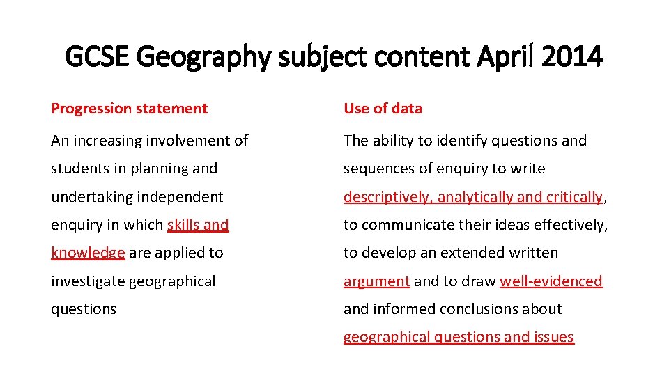 GCSE Geography subject content April 2014 Progression statement Use of data An increasing involvement