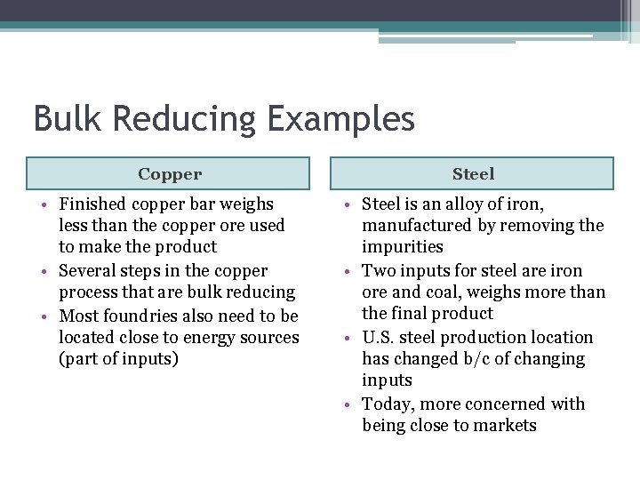 Bulk Reducing Examples Copper Steel • Finished copper bar weighs less than the copper
