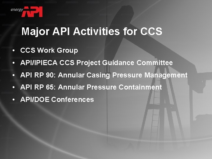 Major API Activities for CCS • CCS Work Group • API/IPIECA CCS Project Guidance