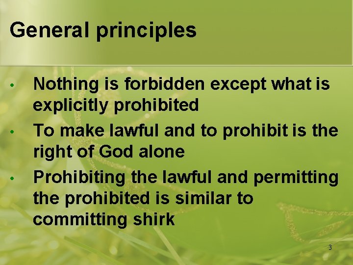 General principles • • • Nothing is forbidden except what is explicitly prohibited To