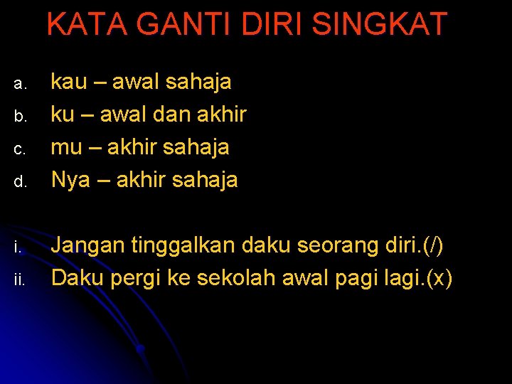 KATA GANTI DIRI SINGKAT a. b. c. d. i. ii. kau – awal sahaja