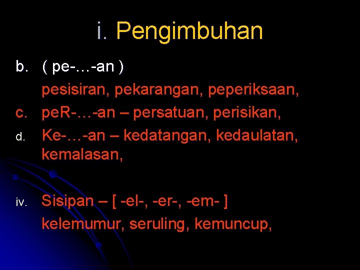 i. Pengimbuhan b. ( pe-…-an ) pesisiran, pekarangan, peperiksaan, c. pe. R-…-an – persatuan,