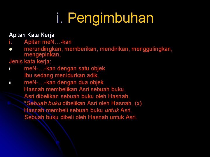 i. Pengimbuhan Apitan Kata Kerja i. Apitan me. N…-kan l merundingkan, memberikan, mendirikan, menggulingkan,