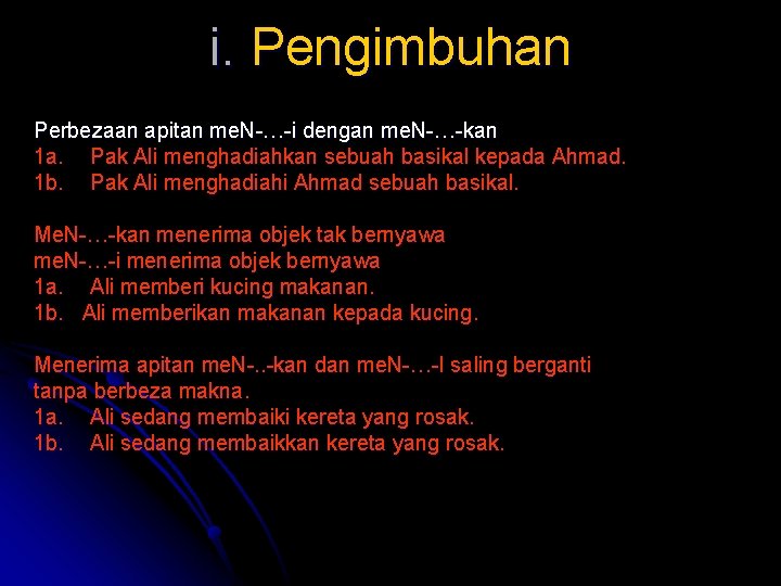 i. Pengimbuhan Perbezaan apitan me. N-…-i dengan me. N-…-kan 1 a. Pak Ali menghadiahkan