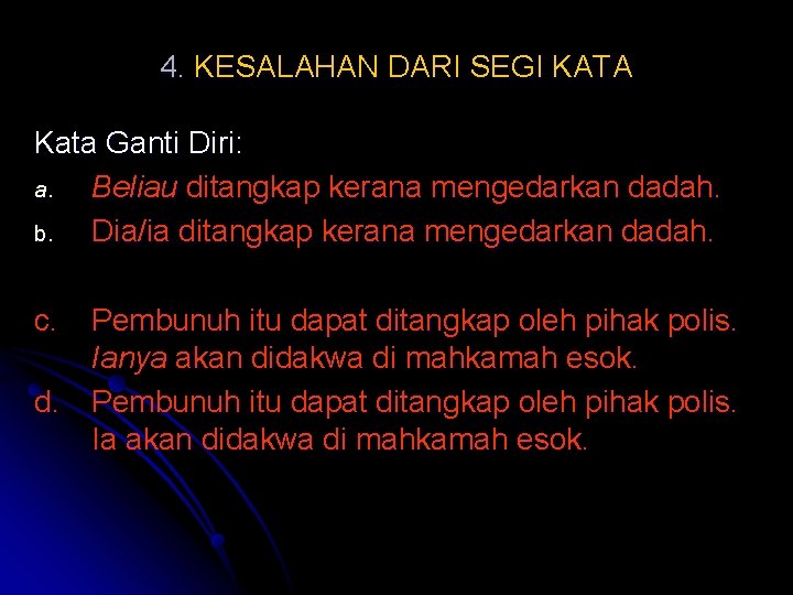 4. KESALAHAN DARI SEGI KATA Kata Ganti Diri: a. Beliau ditangkap kerana mengedarkan dadah.